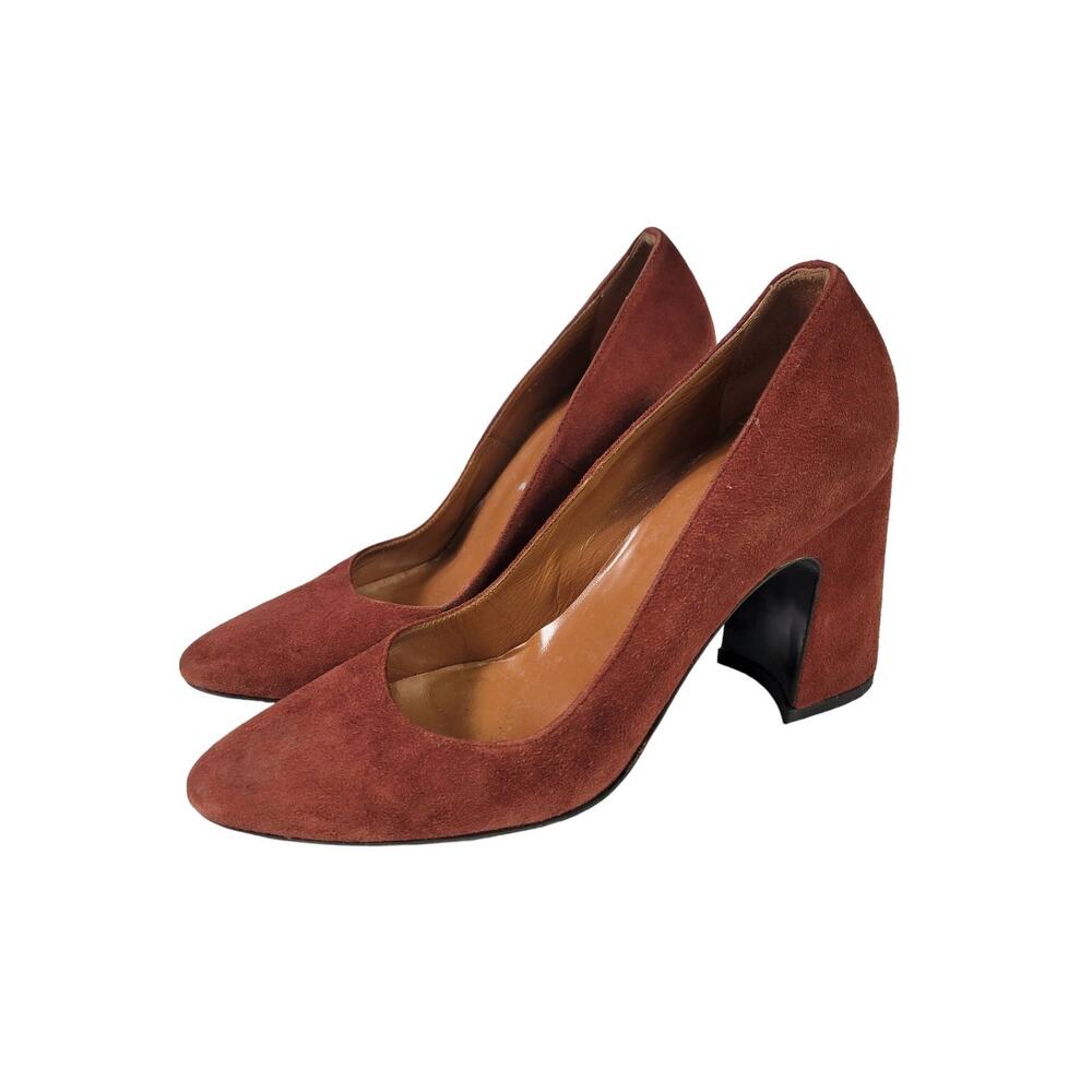 Aquatalia Neely Suede Heels Brown Leather Block Almond Semi Pointed Toe Italy 7